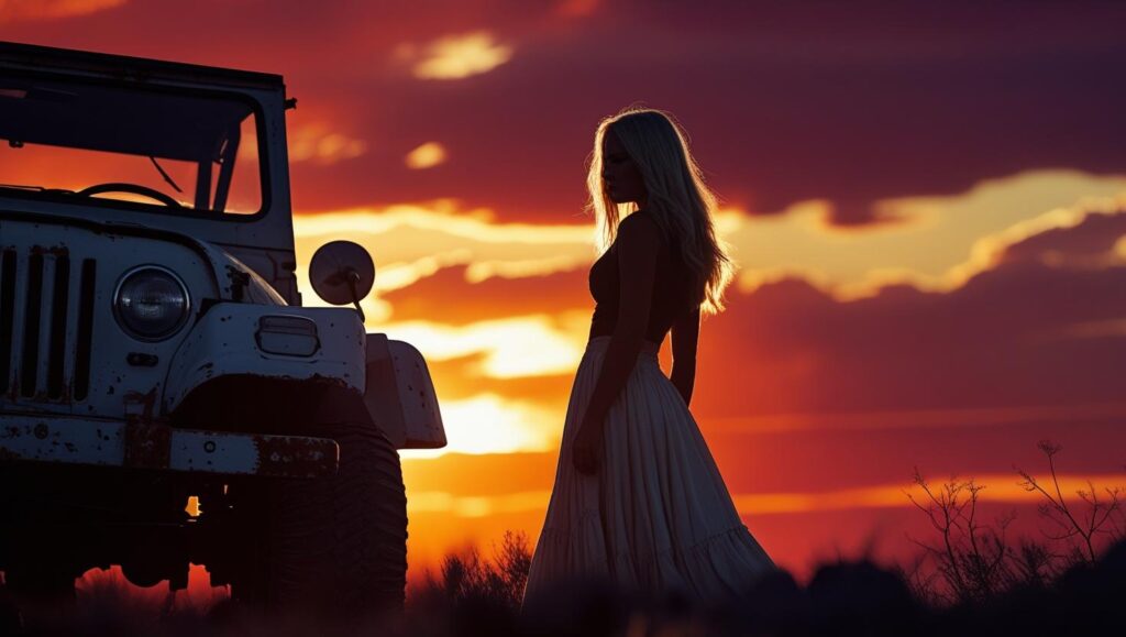 shadow of a woman's back (more shadow less detail) with blonde hair standing next to part of her jeep looking out in the sunset copy shadow of a woman's back (more shadow less detail) with blonde hair standing next to part of her jeep looking out in the sunset copy